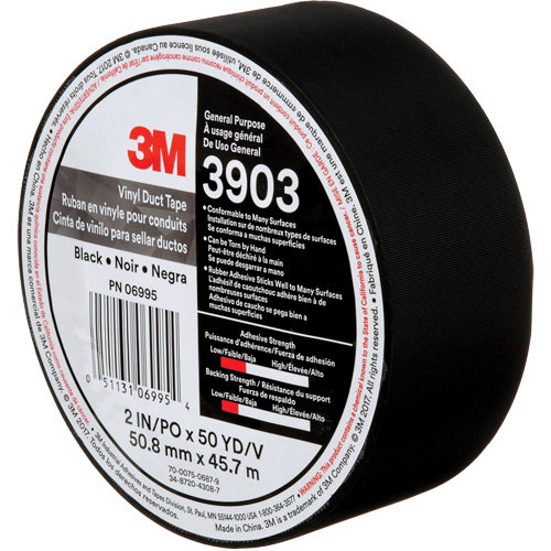 3903 Vinyl Duct Tape, 48 mm (2") W x 45 m (148') L, 6.5 mils, Black Haskins Industrial Inc.