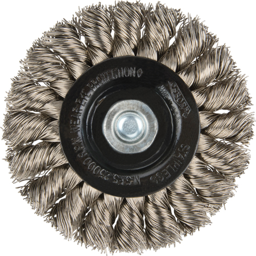 Brosses rotatives &agrave; fils nou&eacute;s - Brosse rotative &agrave; fils nou&eacute;s a/queue 1/4", Fils nou&eacute;s standards, Dia. 3", Fils 0,014", Acier inoxydable Haskins Industrial Inc.