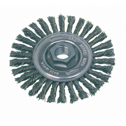 High Speed Small Grinder Stringer Bead Knot Wire Wheel Brush, 4" Dia., 0.02" Fill, 5/8"-11 Arbor, Steel Haskins Industrial Inc.