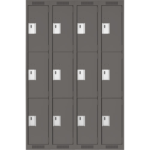 Clean Line Lockers, 3 -tier, Bank of 4, 48" x 18" x 72", Steel, Charcoal, Rivet (Assembled) Haskins Industrial Inc.