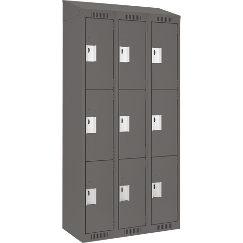 Clean Line Lockers, 3 -tier, Bank of 3, 36" x 18" x 78", Steel, Charcoal, Rivet (Assembled) Haskins Industrial Inc.