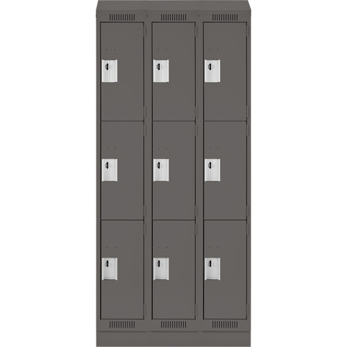 Clean Line Lockers, 3 -tier, Bank of 3, 36" x 18" x 82", Steel, Charcoal, Rivet (Assembled) Haskins Industrial Inc.