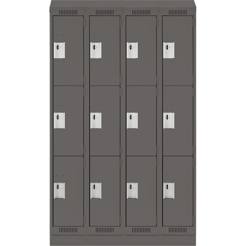 Clean Line Lockers, 3 -tier, Bank of 4, 48" x 18" x 82", Steel, Charcoal, Rivet (Assembled) Haskins Industrial Inc.