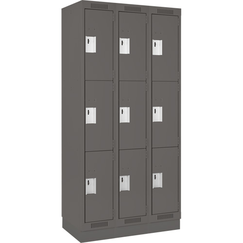 Clean Line Lockers, 3 -tier, Bank of 3, 36" x 18" x 76", Steel, Charcoal, Rivet (Assembled) Haskins Industrial Inc.