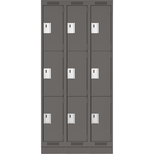 Clean Line Lockers, 3 -tier, Bank of 3, 36" x 18" x 76", Steel, Charcoal, Rivet (Assembled) Haskins Industrial Inc.