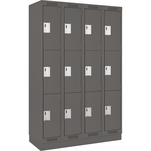 Clean Line Lockers, 3 -tier, Bank of 4, 48" x 18" x 76", Steel, Charcoal, Rivet (Assembled) Haskins Industrial Inc.