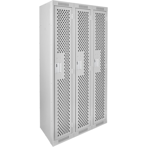 Clean Line Lockers, Bank of 3, 36" x 15" x 72", Steel, Grey, Rivet (Assembled), Perforated Haskins Industrial Inc.