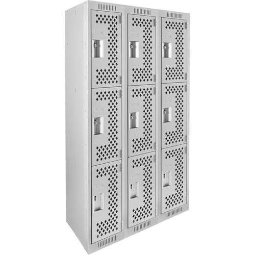 Clean Line Lockers, 3 -tier, Bank of 3, 36" x 12" x 72", Steel, Grey, Rivet (Assembled), Perforated Haskins Industrial Inc.
