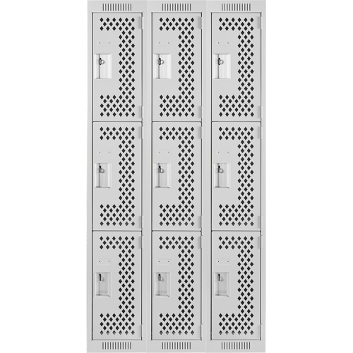 Clean Line Lockers, 3 -tier, Bank of 3, 36" x 12" x 72", Steel, Grey, Rivet (Assembled), Perforated Haskins Industrial Inc.