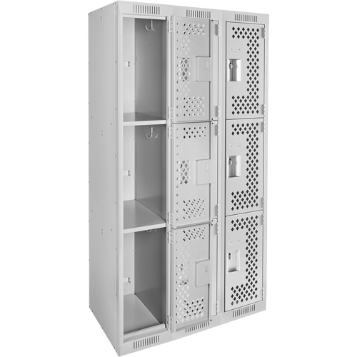 Clean Line Lockers, 3 -tier, Bank of 3, 36" x 12" x 72", Steel, Grey, Rivet (Assembled), Perforated Haskins Industrial Inc.