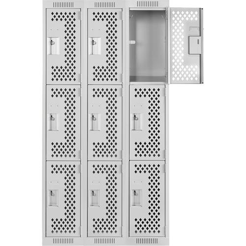 Clean Line Lockers, 3 -tier, Bank of 3, 36" x 12" x 72", Steel, Grey, Rivet (Assembled), Perforated Haskins Industrial Inc.