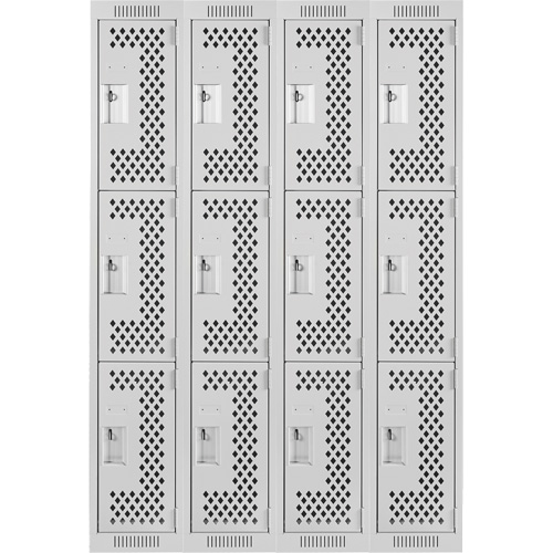 Clean Line Lockers, 3 -tier, Bank of 4, 48" x 12" x 72", Steel, Grey, Rivet (Assembled), Perforated Haskins Industrial Inc.