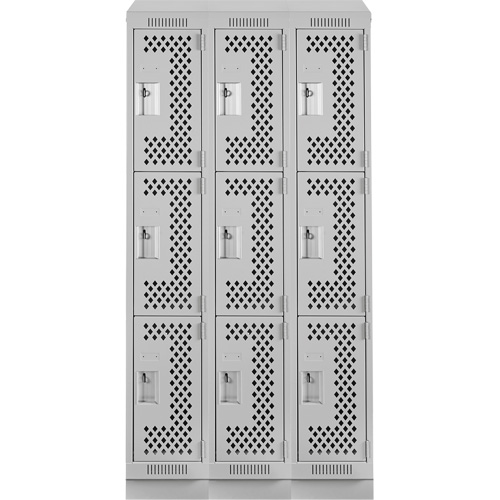 Clean Line Lockers, 3 -tier, Bank of 3, 36" x 18" x 82", Steel, Grey, Rivet (Assembled), Perforated Haskins Industrial Inc.
