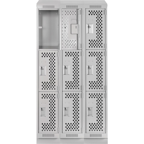 Clean Line Lockers, 3 -tier, Bank of 3, 36" x 18" x 82", Steel, Grey, Rivet (Assembled), Perforated Haskins Industrial Inc.