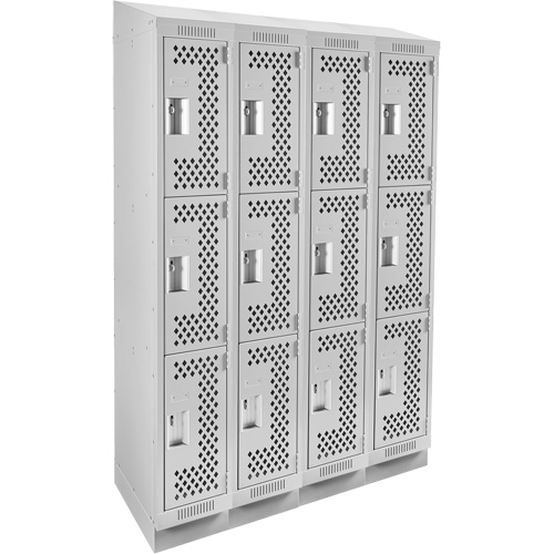 Clean Line Lockers, 3 -tier, Bank of 4, 48" x 18" x 82", Steel, Grey, Rivet (Assembled), Perforated Haskins Industrial Inc.