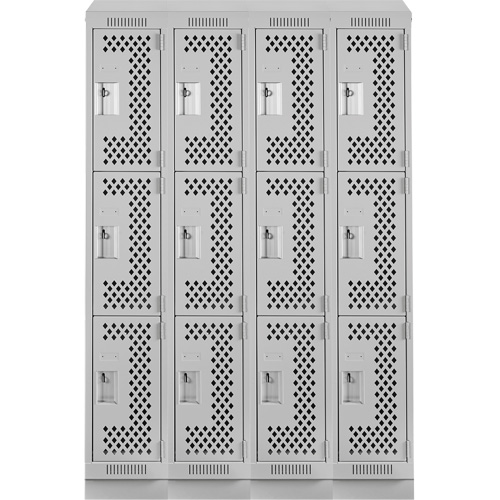 Clean Line Lockers, 3 -tier, Bank of 4, 48" x 18" x 82", Steel, Grey, Rivet (Assembled), Perforated Haskins Industrial Inc.