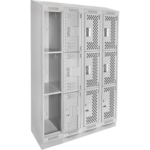 Clean Line Lockers, 3 -tier, Bank of 4, 48" x 18" x 82", Steel, Grey, Rivet (Assembled), Perforated Haskins Industrial Inc.