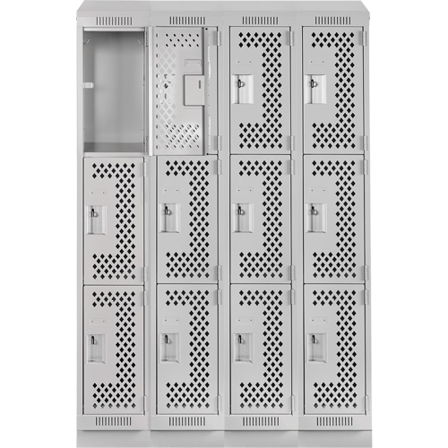 Clean Line Lockers, 3 -tier, Bank of 4, 48" x 18" x 82", Steel, Grey, Rivet (Assembled), Perforated Haskins Industrial Inc.