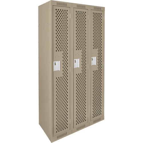 Clean Line Lockers, Bank of 3, 36" x 12" x 72", Steel, Beige, Rivet (Assembled), Perforated Haskins Industrial Inc.