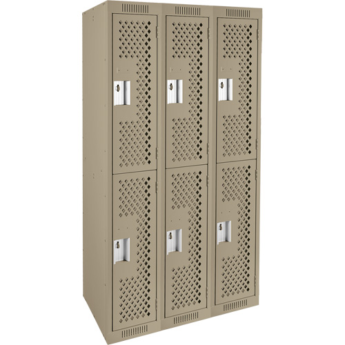 Clean Line Lockers, 2 -tier, Bank of 3, 36" x 12" x 72", Steel, Beige, Rivet (Assembled), Perforated Haskins Industrial Inc.