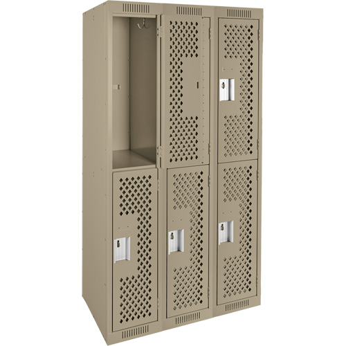Clean Line Lockers, 2 -tier, Bank of 3, 36" x 12" x 72", Steel, Beige, Rivet (Assembled), Perforated Haskins Industrial Inc.