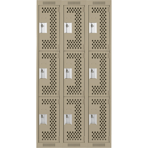 Clean Line Lockers, 3 -tier, Bank of 3, 36" x 12" x 72", Steel, Beige, Rivet (Assembled), Perforated Haskins Industrial Inc.