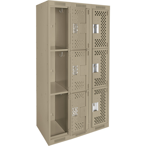 Clean Line Lockers, 3 -tier, Bank of 3, 36" x 12" x 72", Steel, Beige, Rivet (Assembled), Perforated Haskins Industrial Inc.
