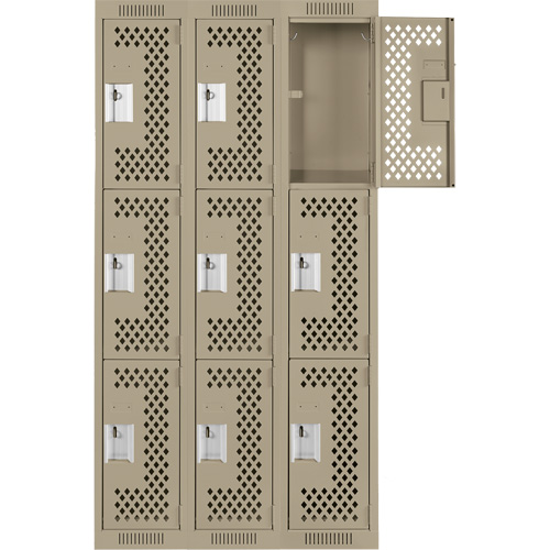 Clean Line Lockers, 3 -tier, Bank of 3, 36" x 12" x 72", Steel, Beige, Rivet (Assembled), Perforated Haskins Industrial Inc.