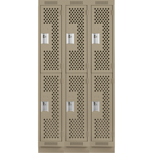 Clean Line Lockers, 2 -tier, Bank of 3, 36" x 15" x 76", Steel, Beige, Rivet (Assembled), Perforated Haskins Industrial Inc.