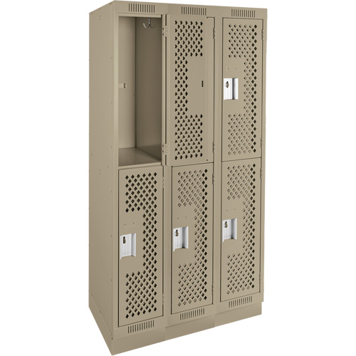 Clean Line Lockers, 2 -tier, Bank of 3, 36" x 15" x 76", Steel, Beige, Rivet (Assembled), Perforated Haskins Industrial Inc.