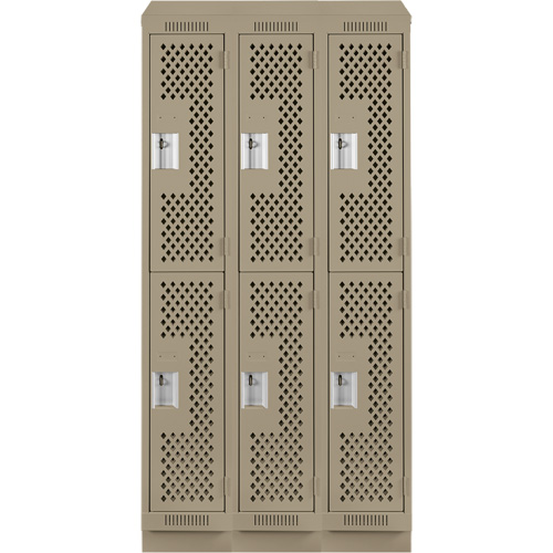 Clean Line Lockers, 2 -tier, Bank of 3, 36" x 15" x 82", Steel, Beige, Rivet (Assembled), Perforated Haskins Industrial Inc.