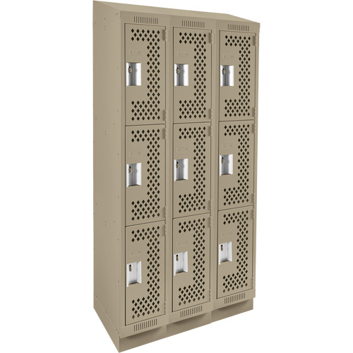 Clean Line Lockers, 3 -tier, Bank of 3, 36" x 18" x 82", Steel, Beige, Rivet (Assembled), Perforated Haskins Industrial Inc.