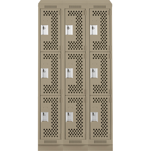 Clean Line Lockers, 3 -tier, Bank of 3, 36" x 18" x 82", Steel, Beige, Rivet (Assembled), Perforated Haskins Industrial Inc.