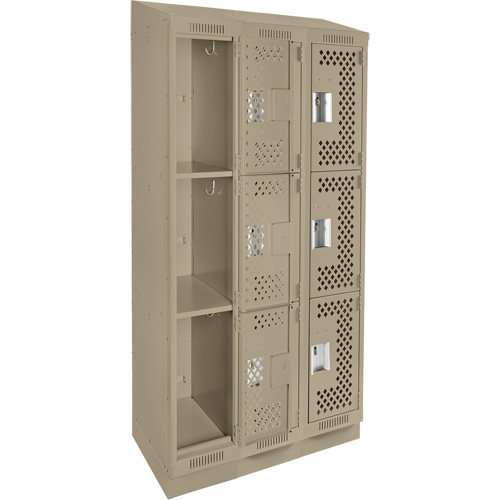 Clean Line Lockers, 3 -tier, Bank of 3, 36" x 18" x 82", Steel, Beige, Rivet (Assembled), Perforated Haskins Industrial Inc.