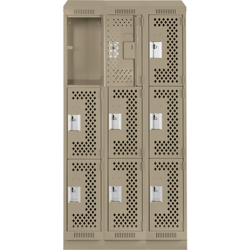 Clean Line Lockers, 3 -tier, Bank of 3, 36" x 18" x 82", Steel, Beige, Rivet (Assembled), Perforated Haskins Industrial Inc.