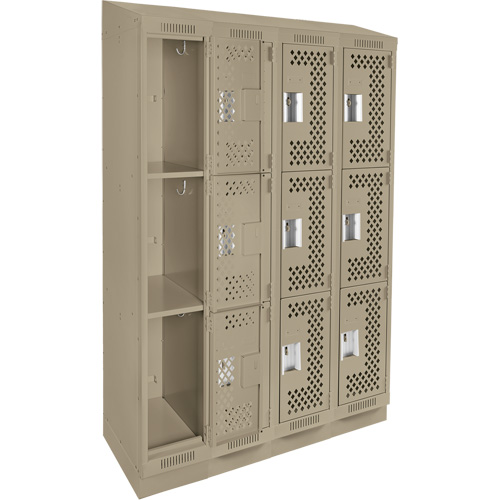 Clean Line Lockers, 3 -tier, Bank of 4, 48" x 18" x 82", Steel, Beige, Rivet (Assembled), Perforated Haskins Industrial Inc.