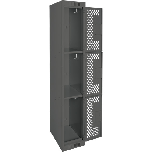 Clean Line Lockers, 3 -tier, 12" x 12" x 72", Steel, Charcoal, Rivet (Assembled), Perforated Haskins Industrial Inc.