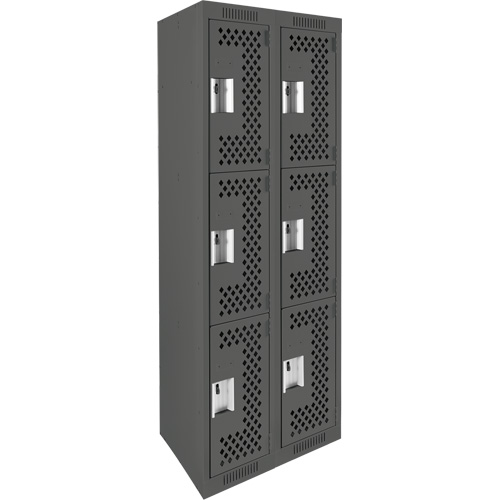 Clean Line Lockers, 3 -tier, Bank of 2, 24" x 12" x 72", Steel, Charcoal, Rivet (Assembled), Perforated Haskins Industrial Inc.