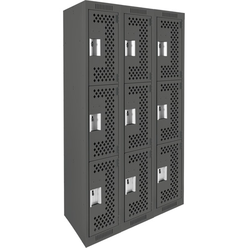 Clean Line Lockers, 3 -tier, Bank of 3, 36" x 12" x 72", Steel, Charcoal, Rivet (Assembled), Perforated Haskins Industrial Inc.