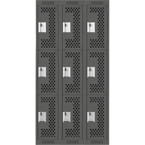 Clean Line Lockers, 3 -tier, Bank of 3, 36" x 12" x 72", Steel, Charcoal, Rivet (Assembled), Perforated Haskins Industrial Inc.