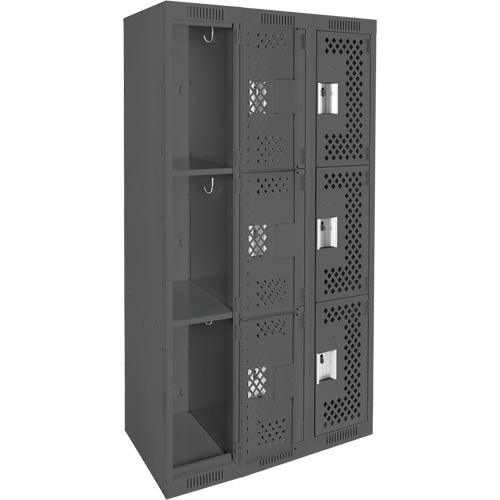 Clean Line Lockers, 3 -tier, Bank of 3, 36" x 12" x 72", Steel, Charcoal, Rivet (Assembled), Perforated Haskins Industrial Inc.