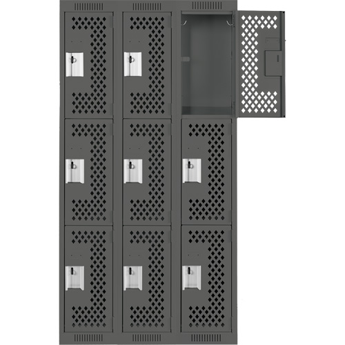 Clean Line Lockers, 3 -tier, Bank of 3, 36" x 12" x 72", Steel, Charcoal, Rivet (Assembled), Perforated Haskins Industrial Inc.