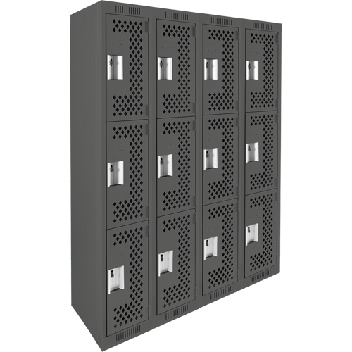 Clean Line Lockers, 3 -tier, Bank of 4, 48" x 12" x 72", Steel, Charcoal, Rivet (Assembled), Perforated Haskins Industrial Inc.
