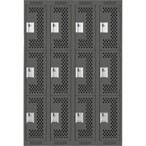 Clean Line Lockers, 3 -tier, Bank of 4, 48" x 12" x 72", Steel, Charcoal, Rivet (Assembled), Perforated Haskins Industrial Inc.