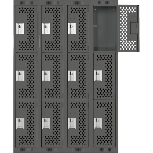 Clean Line Lockers, 3 -tier, Bank of 4, 48" x 12" x 72", Steel, Charcoal, Rivet (Assembled), Perforated Haskins Industrial Inc.