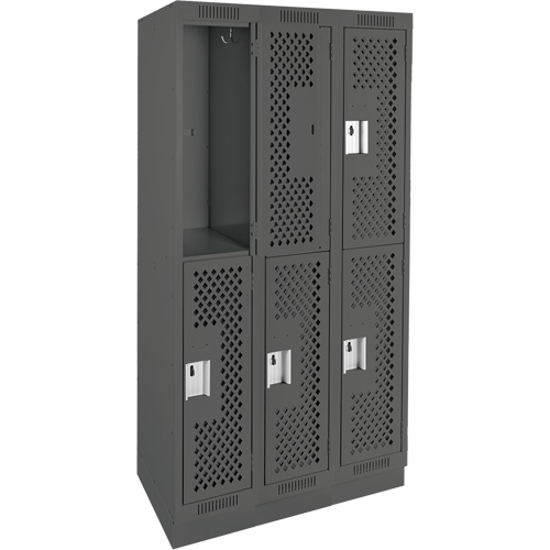 Clean Line Lockers, 2 -tier, Bank of 3, 36" x 15" x 76", Steel, Charcoal, Rivet (Assembled), Perforated Haskins Industrial Inc.