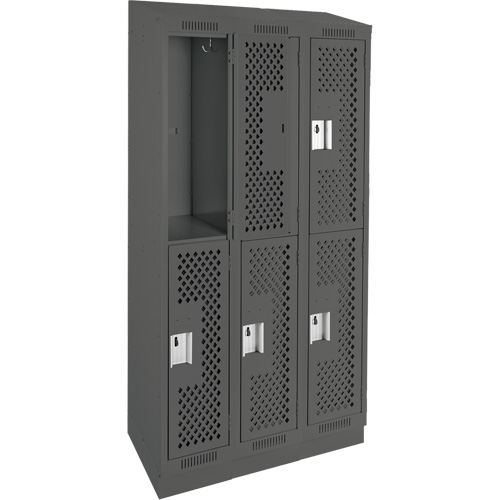 Clean Line Lockers, 2 -tier, Bank of 3, 36" x 15" x 82", Steel, Charcoal, Rivet (Assembled), Perforated Haskins Industrial Inc.