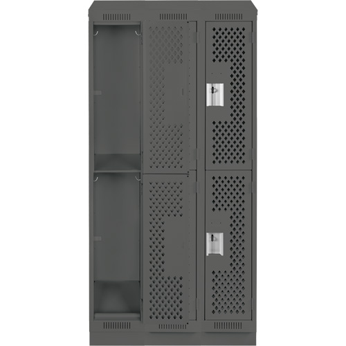Clean Line Lockers, 2 -tier, Bank of 3, 36" x 15" x 82", Steel, Charcoal, Rivet (Assembled), Perforated Haskins Industrial Inc.