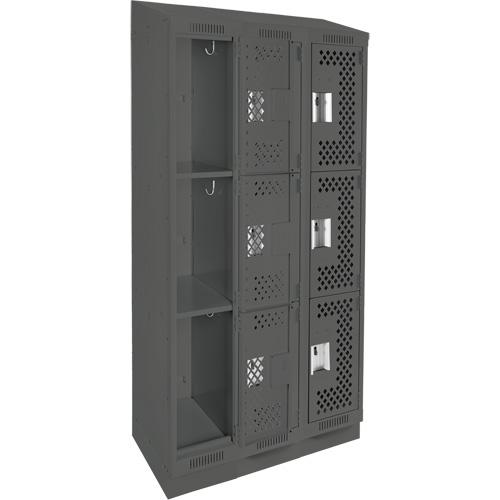 Clean Line Lockers, 3 -tier, Bank of 3, 36" x 18" x 82", Steel, Charcoal, Rivet (Assembled), Perforated Haskins Industrial Inc.