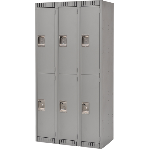 Lockers, 2 -tier, Bank of 3, 36" x 18" x 72", Steel, Grey, Rivet (Assembled) Haskins Industrial Inc.